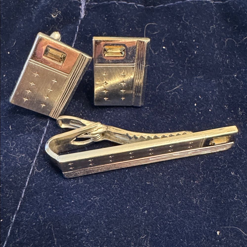 SPEIDEL gray stone / silver tone cuff links & tie bar set 🐈⬛